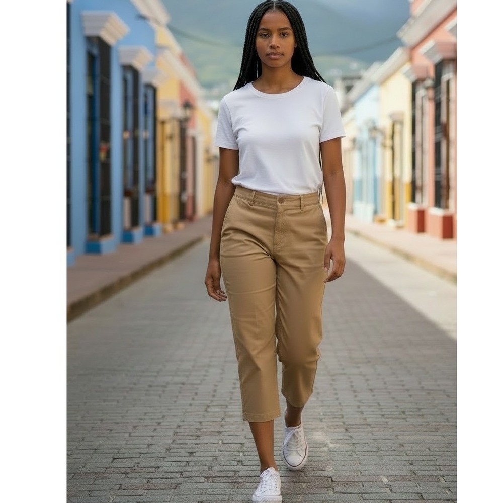 PEACE OF CLOTH Chino Pants High-Rise Crop Wide Leg Tan Twill Women's Size 14